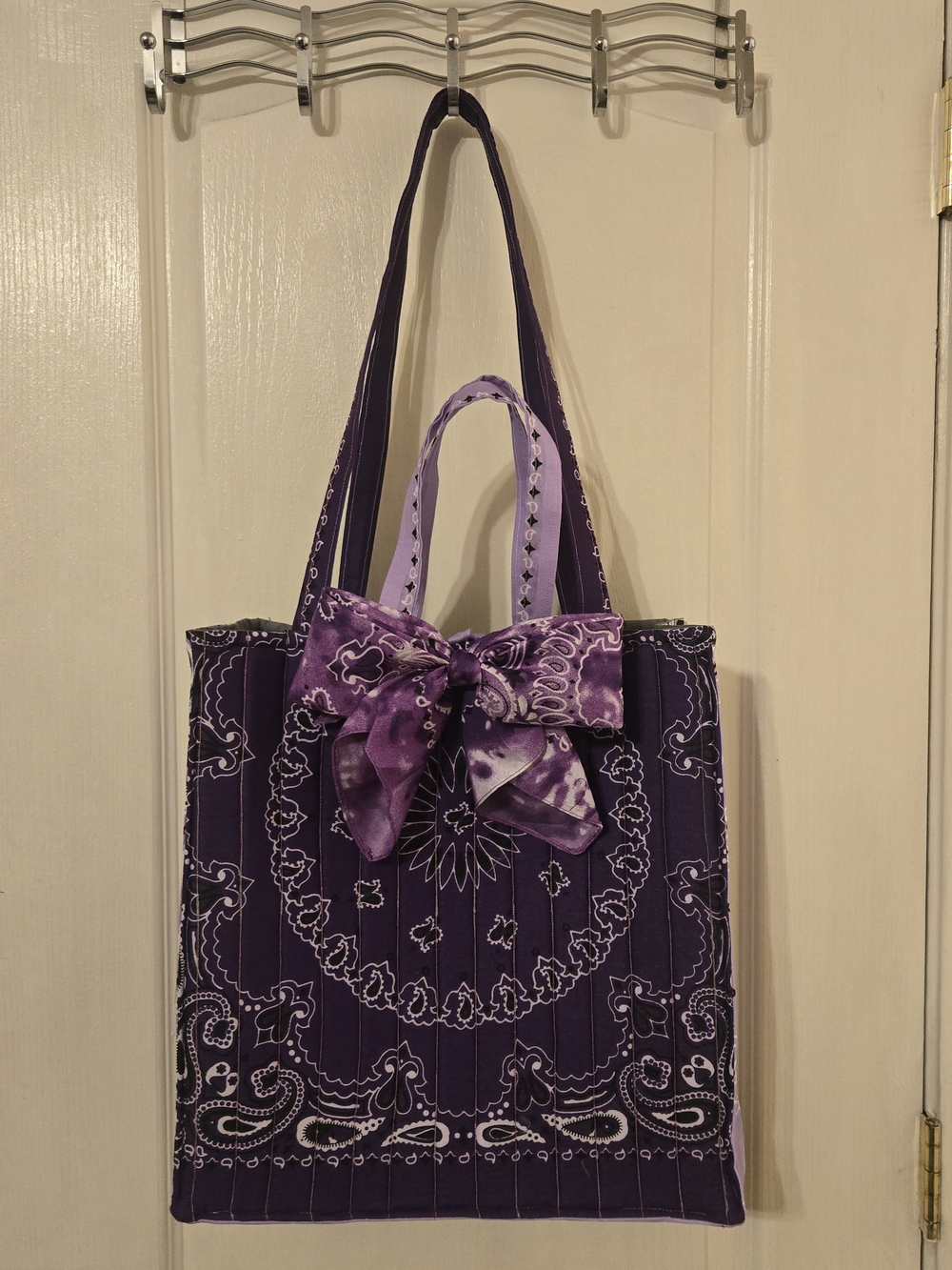 Purple Bandana-Print Tote Bag with Bow